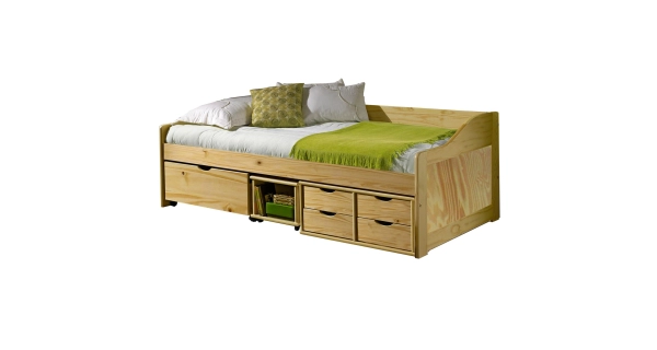 Jednolůžko TERRY s úložnými prostory včetně roštu, masiv borovice lak