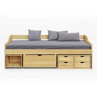 Jednolůžko TERRY s úložnými prostory včetně roštu, masiv borovice lak