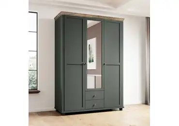 JEJUDO třídvéřová skříň se zrcadlem, zelená/dub lefkas