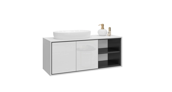 JERVEL koupelnová závěsná skříňka 2D pod umyvadlo s policemi, bílá-černá/bílý lesk