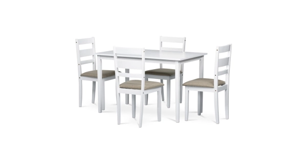 Jídelní set PARDO 1+4, bílý mat/šedé látkové sedáky - II. jakost, POUZE OSOBNÍ ODBĚR