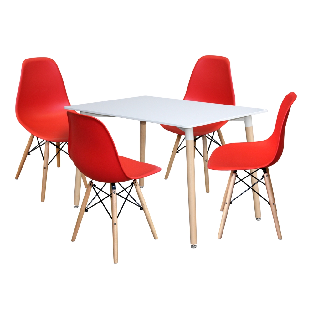 Jídelní set FARUK, stůl 120x80 cm + 4 židle, bílý/červený