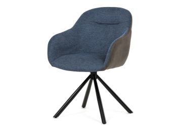 Jídelní židle TORLAN, modrá látka a tmavě šedá látka v dekoru vintage kůže, černý kov