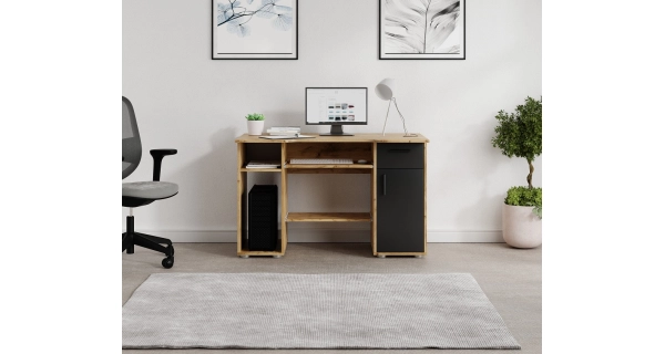 Kancelářský PC stůl NEJBY FLYNN, dub wotan/černá