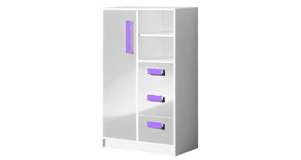 Komoda BLOURT 1D3S, bílý lesk/fialová