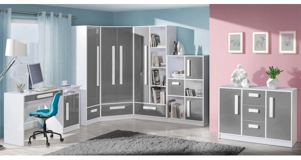 Komoda BLOURT 2D3S, bílá/šedý lesk