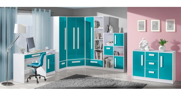 Komoda BLOURT 3D, bílá/tyrkys lesk