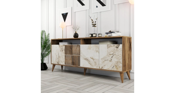 Komoda BRADLEY, vlašský ořech/bílý mramor