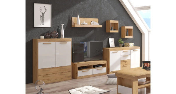 Komoda GATTON 2D2S, dub artisan/bílý lesk, 5 let záruka