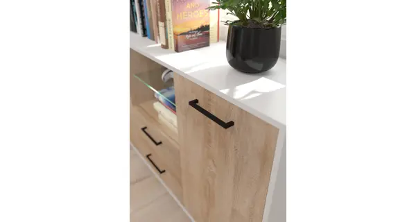 Komoda PRUDHOE 2D, bílá/dub sonoma, 5 let záruka