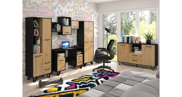 Komoda PRUDHOE 2D2S, černá/dub artisan, 5 let záruka