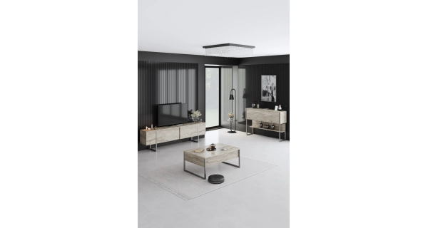 Komoda WELTRIS, travertin/stříbrná