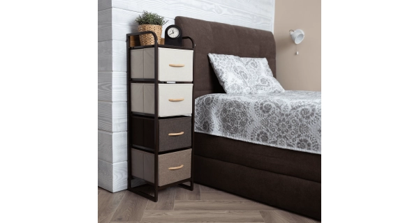 Komoda ZBYŠEK s látkovými šuplíky typ 1, černá/béžová/světlehnědá/tmavohnědá