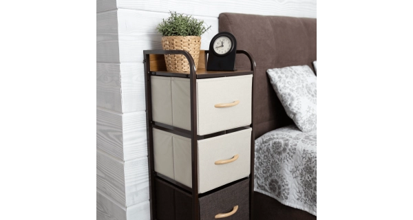 Komoda ZBYŠEK s látkovými šuplíky typ 1, černá/béžová/světlehnědá/tmavohnědá