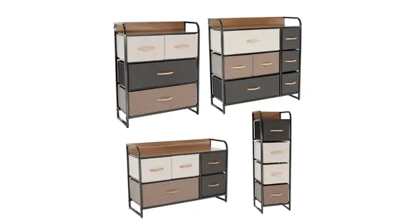 Komoda ZBYŠEK s látkovými šuplíky typ 1, černá/béžová/světlehnědá/tmavohnědá