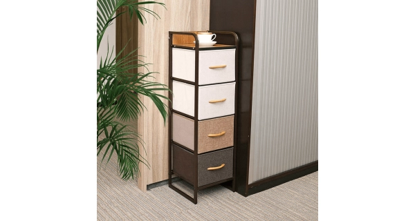 Komoda ZBYŠEK s látkovými šuplíky typ 1, černá/béžová/světlehnědá/tmavohnědá