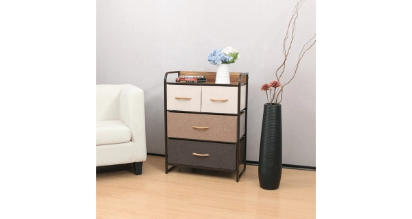 Komoda ZBYŠEK s látkovými šuplíky typ 2, černá/béžová/světlehnědá/tmavohnědá