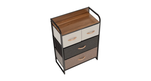 Komoda ZBYŠEK s látkovými šuplíky typ 2, černá/béžová/světlehnědá/tmavohnědá