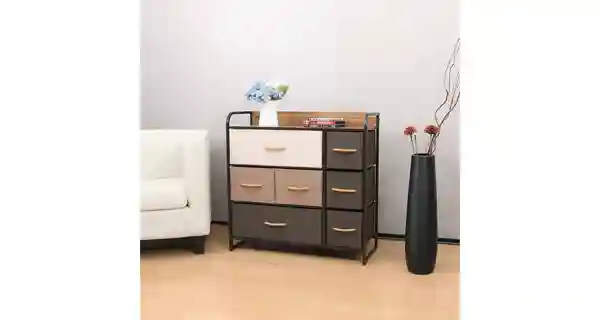 Komoda ZBYŠEK s látkovými šuplíky typ 3, černá/béžová/světlehnědá/tmavohnědá