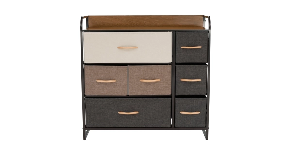Komoda ZBYŠEK s látkovými šuplíky typ 3, černá/béžová/světlehnědá/tmavohnědá
