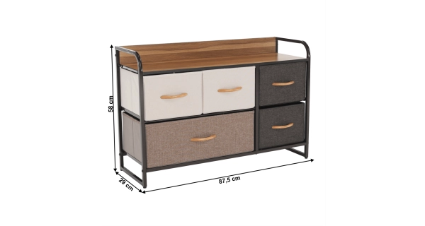 Komoda ZBYŠEK s látkovými šuplíky typ 4, černá/béžová/světlehnědá/tmavohnědá
