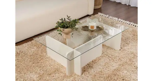 Konferenční stolek JERTRE, bílé dřevo/sklo