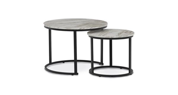 Konferenční stolek VOLLO - set 2 ks, bílý mramor, černý kov