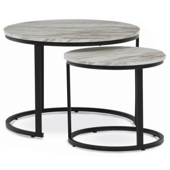 Konferenční stolek VOLLO - set 2 ks, bílý mramor, černý kov