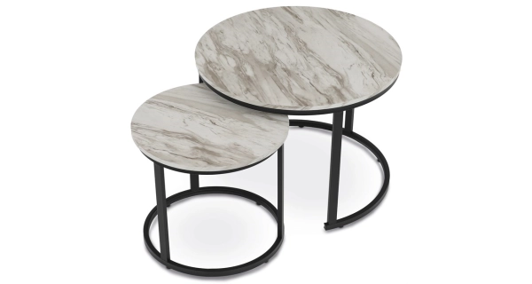 Konferenční stolek VOLLO - set 2 ks, bílý mramor, černý kov