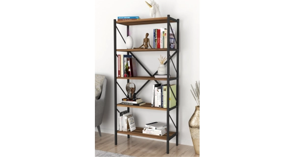 Kovový regál PEMTA 158 cm, černá/ořech