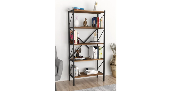 Kovový regál PEMTA 158 cm, černá/ořech