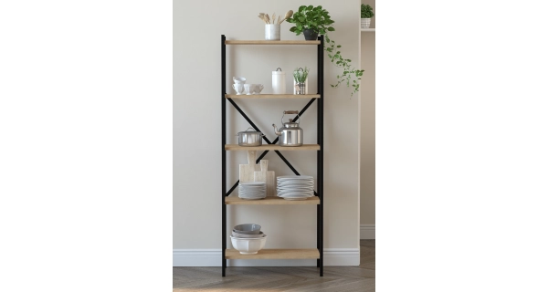 Kovový regál ROSUL, černá/dub safírový