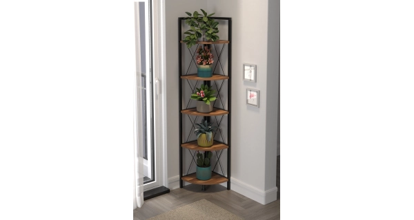 Kovový rohový regál SARUL, černá/ořech