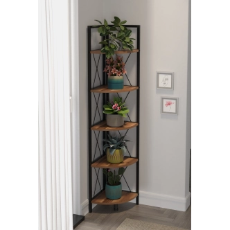 Kovový rohový regál SARUL, černá/ořech