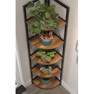 Kovový rohový regál SARUL, černá/ořech