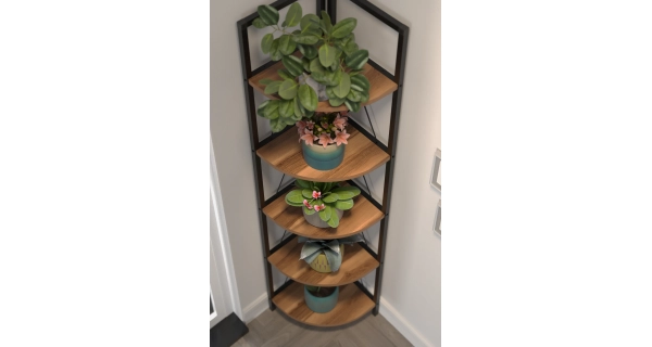 Kovový rohový regál SARUL, černá/ořech