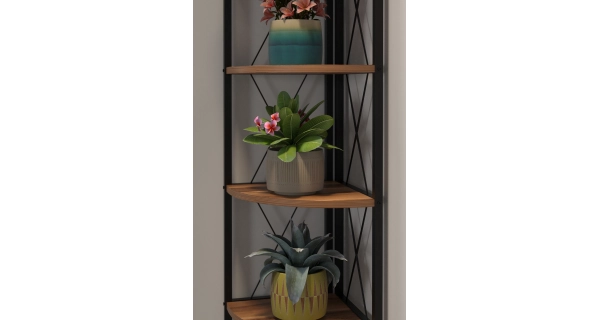 Kovový rohový regál SARUL, černá/ořech