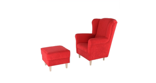Křeslo ušák WANGI s taburetem, červená látka