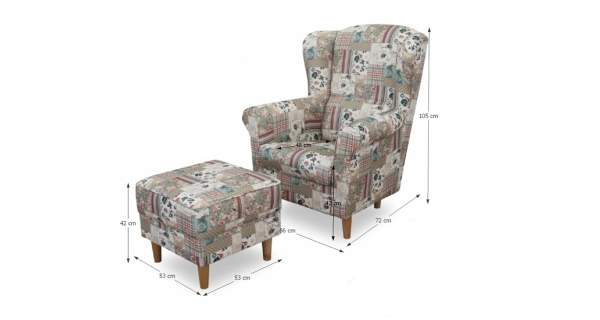 Křeslo ušák WANGI s taburetem, látka patchwork