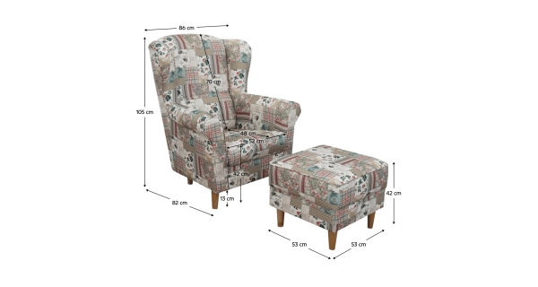 Křeslo ušák WANGI s taburetem, látka patchwork