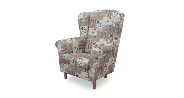 Křeslo ušák WANGI s taburetem, látka patchwork