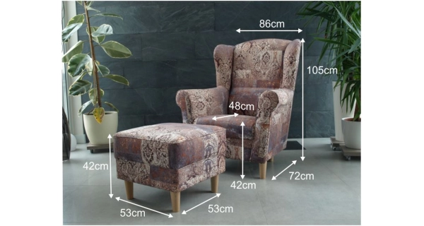 Křeslo ušák WANGI s taburetem, látka vzor hnědá vintage