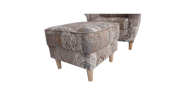 Křeslo ušák WANGI s taburetem, látka vzor hnědá vintage