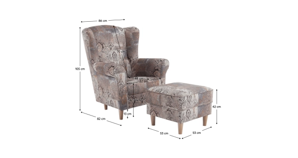 Křeslo ušák WANGI s taburetem, látka vzor hnědá vintage