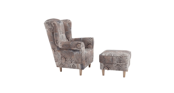 Křeslo ušák WANGI s taburetem, látka vzor hnědá vintage