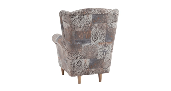 Křeslo ušák WANGI s taburetem, látka vzor hnědá vintage