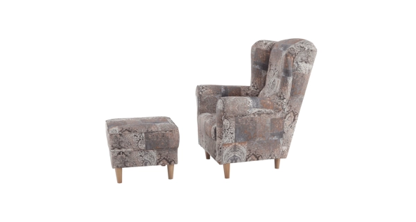 Křeslo ušák WANGI s taburetem, látka vzor hnědá vintage