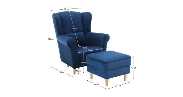 Křeslo ušák WANGI s taburetem, modrá
