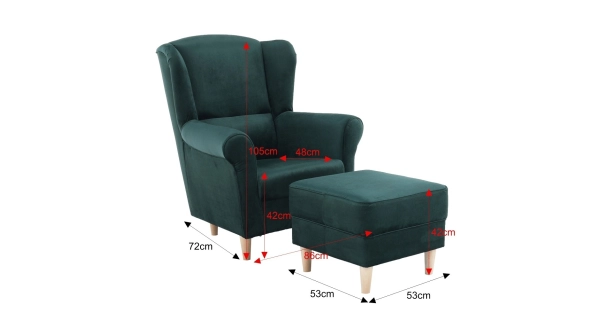 Křeslo ušák WANGI s taburetem, smaragdová