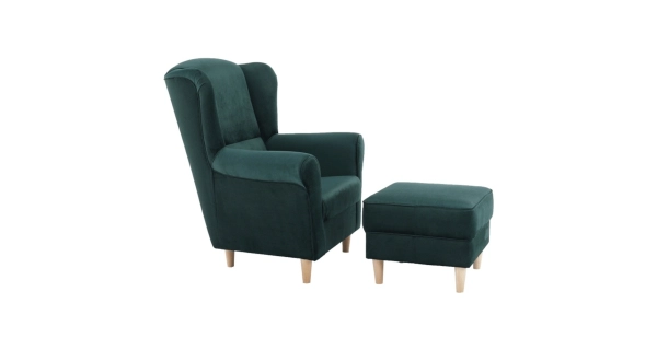 Křeslo ušák WANGI s taburetem, smaragdová